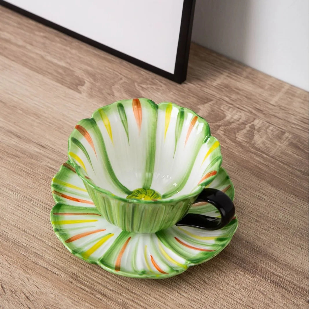 Factory Direct Lelyi Vintage Painted Striped Ceramic Cup Ins Flower Shaped Coffee Cup And Saucer