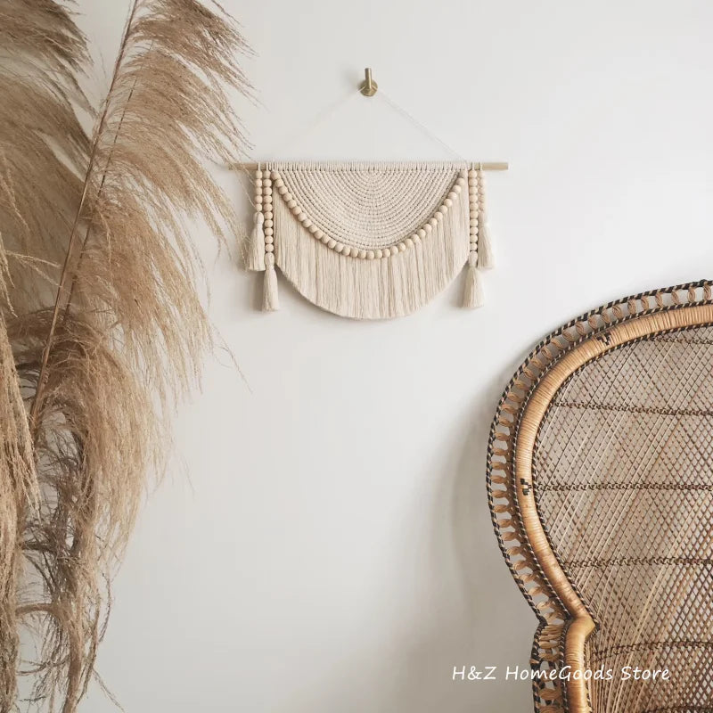 Macrame Wall Hanging Tapestry with Wood Beads and Tassels Handmade Woven Home Office Nursery Decor Bedroom Livingroom Decration