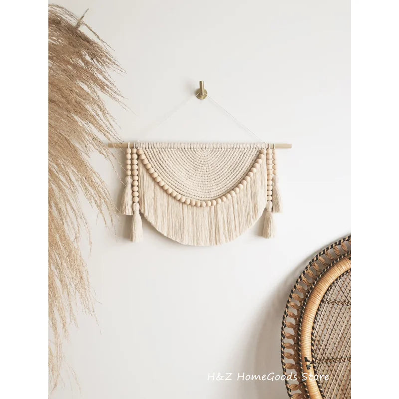 Macrame Wall Hanging Tapestry with Wood Beads and Tassels Handmade Woven Home Office Nursery Decor Bedroom Livingroom Decration