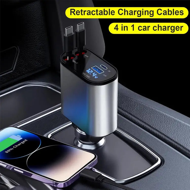 4 in 1 Retractable Cable Car Charger 120W QC3.0 Type-C Super Fast Charging Voltage Display for for Mobile Phones