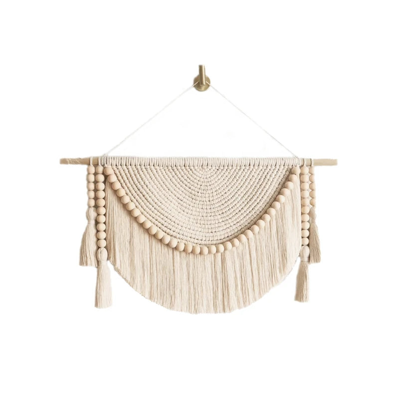 Macrame Wall Hanging Tapestry with Wood Beads and Tassels Handmade Woven Home Office Nursery Decor Bedroom Livingroom Decration