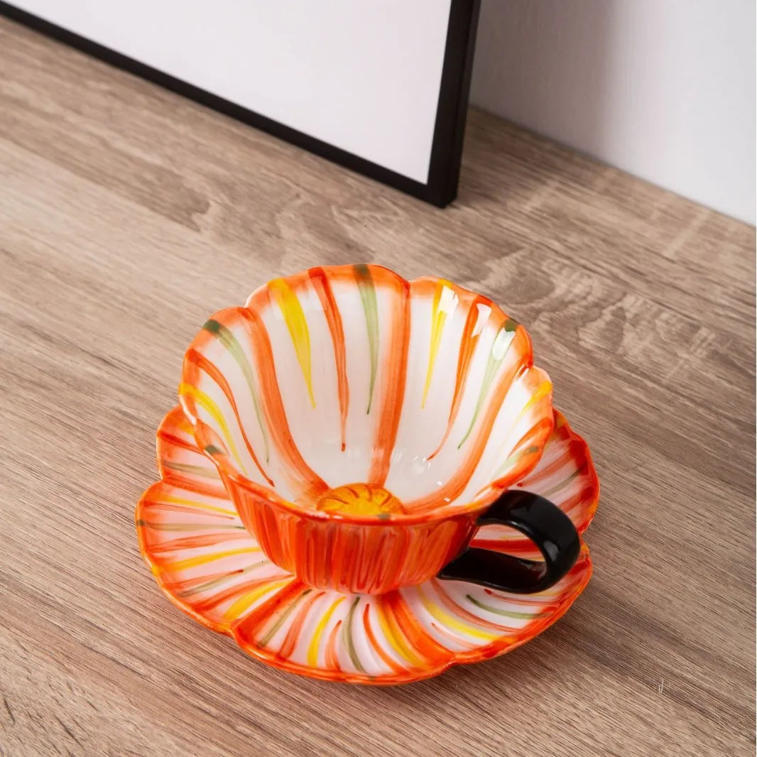 Factory Direct Lelyi Vintage Painted Striped Ceramic Cup Ins Flower Shaped Coffee Cup And Saucer