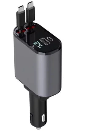 4 in 1 Retractable Cable Car Charger 120W QC3.0 Type-C Super Fast Charging Voltage Display for for Mobile Phones