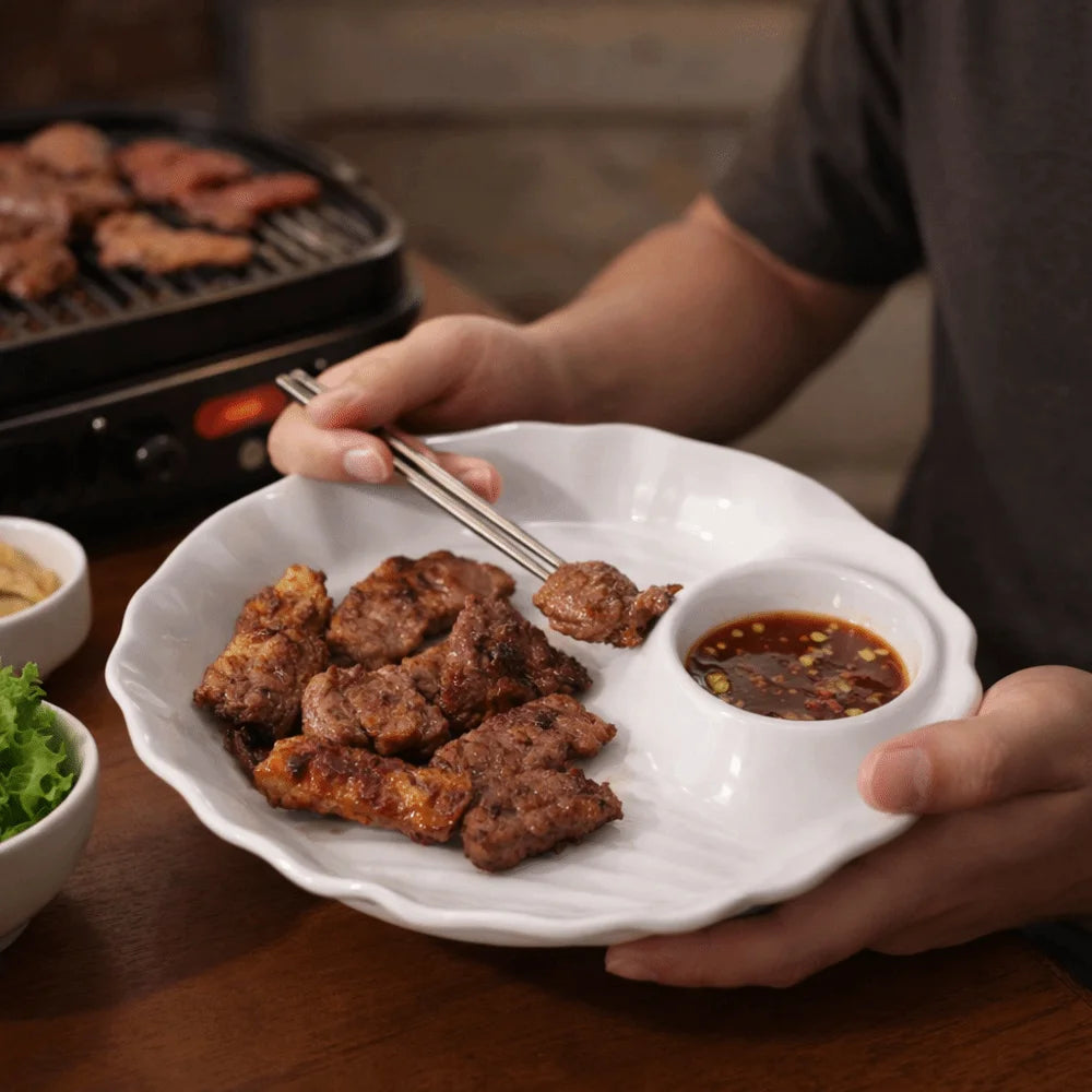 Tableware Round Ceramic Dumpling Dishes Thicken Divided Grids Serving Plates Ruched Hem French Fries Plate Kitchen