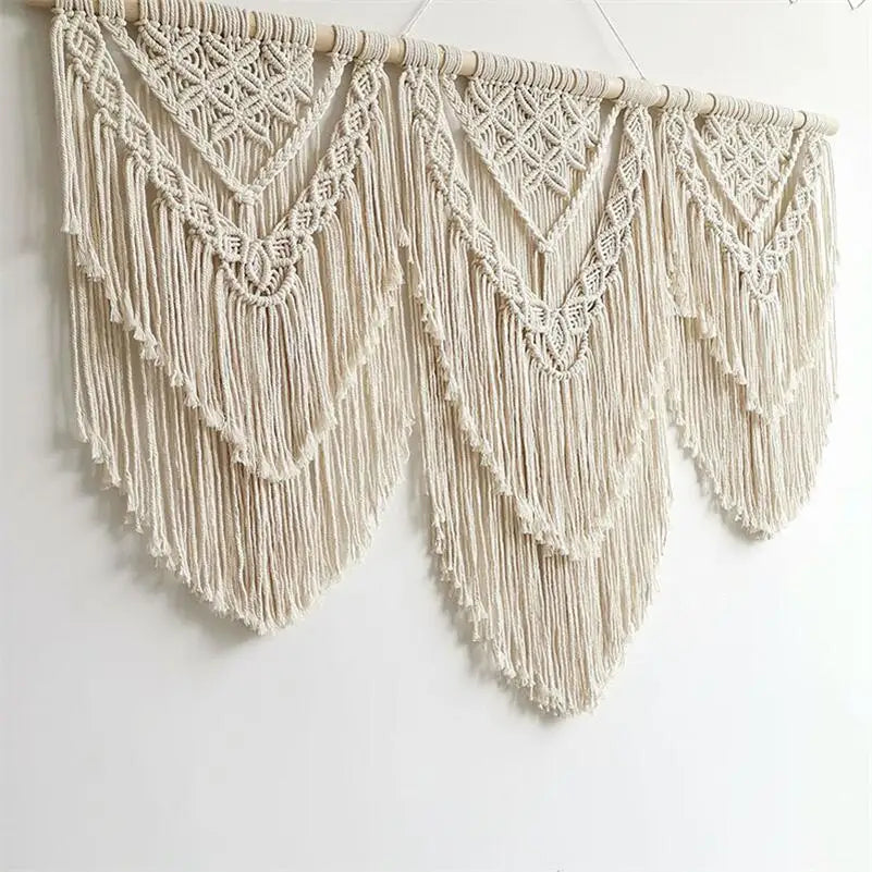 Handwoven Macrame Tassel Pendant Wall Hanging  Tapestry  with  Wooden Stick Hand-Woven Bohemia Tassel Curtain Tapest