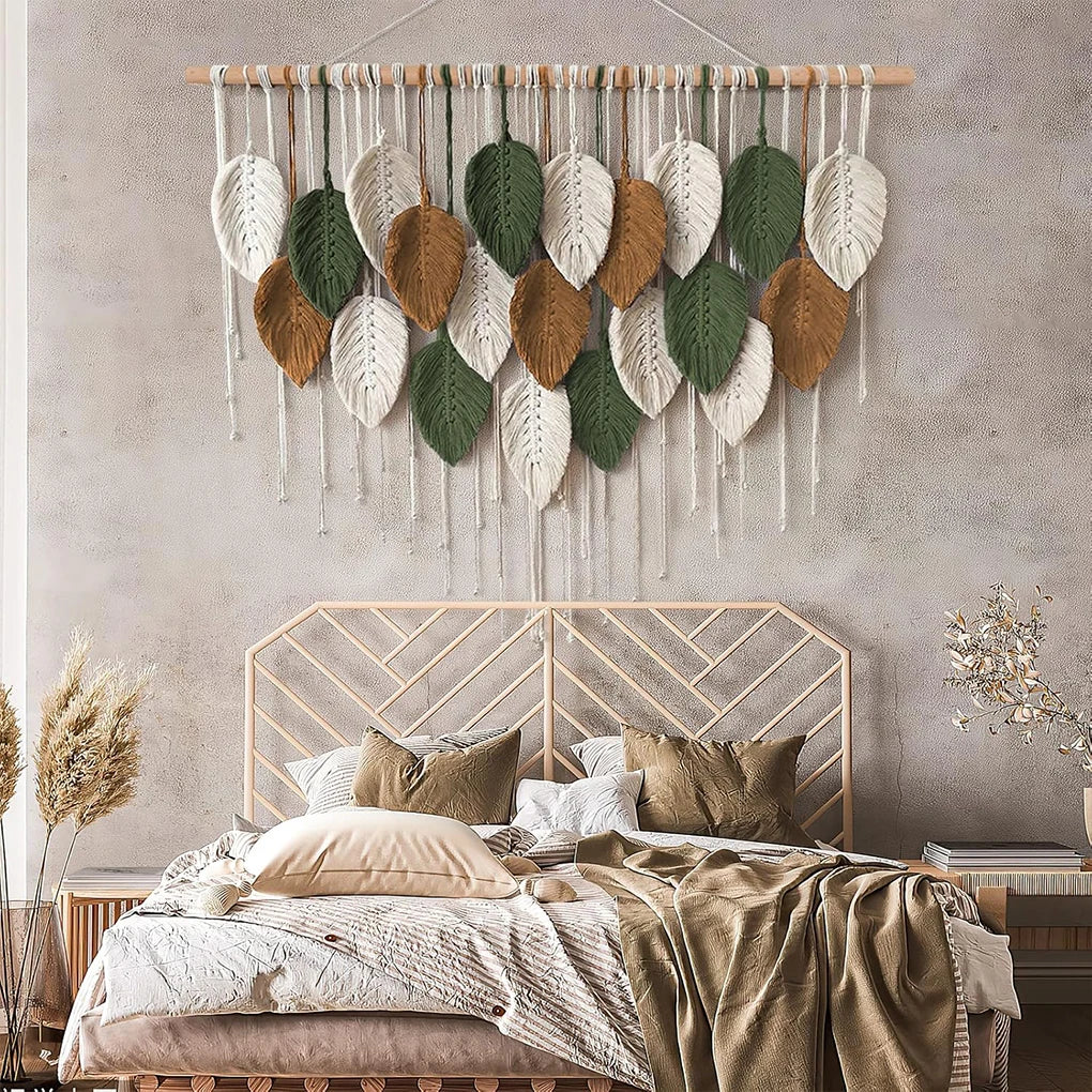 Large Macrame Wall Hanging Boho Woven Tapestry Chic Home Decor Modern Bohemian Handmade Leaf Feather Wall Art Decorations