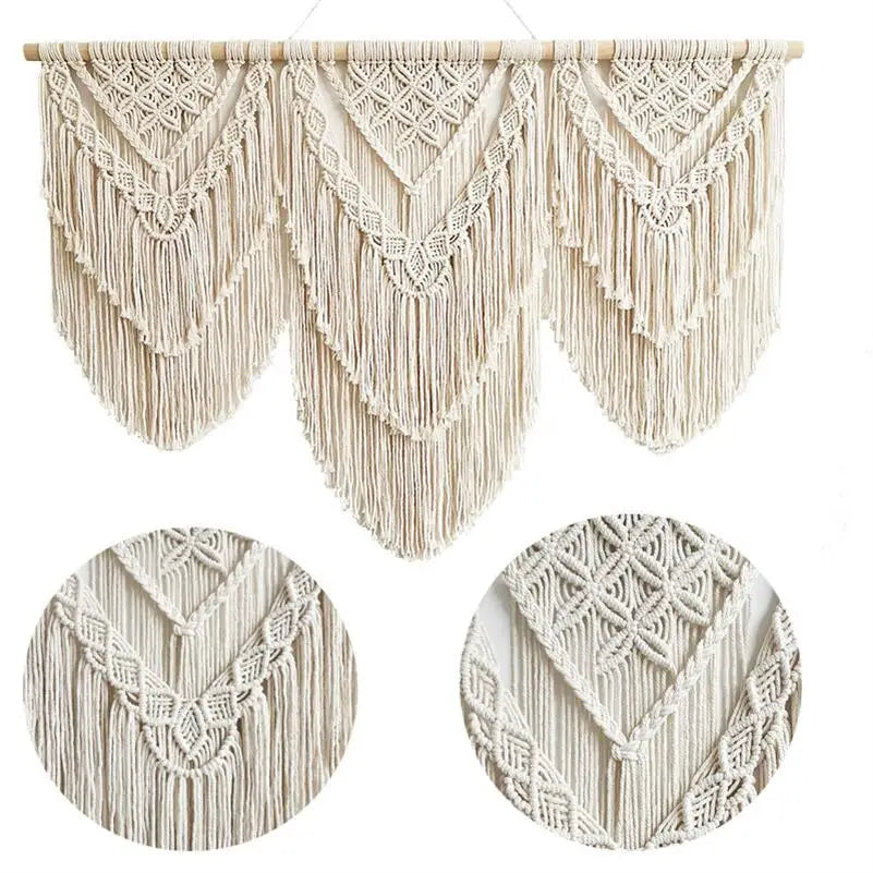 Handwoven Macrame Tassel Pendant Wall Hanging  Tapestry  with  Wooden Stick Hand-Woven Bohemia Tassel Curtain Tapest