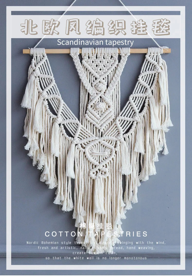 Bohemian Tapestry with Tassels, Handwoven Cotton Wall Hanging, Macrame Art Craft, Finished Boho Decor