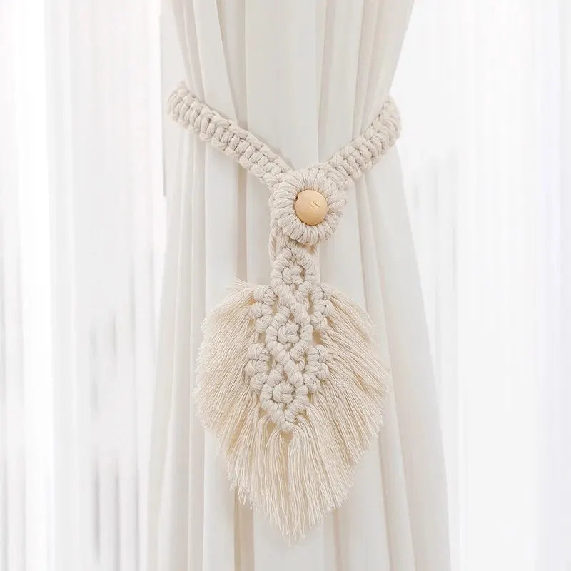 Handmade Braided Cotton Rope Curtain Fasteners Curtain Ties Tassel Leaf Curtain Ties Bohemian Style