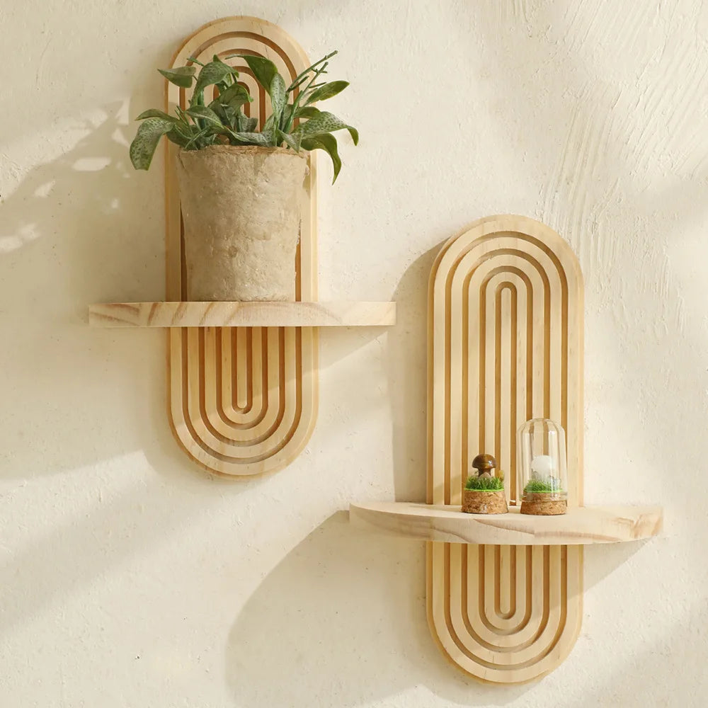Boho Style Wooden Wall Mounted Shelves Plant Decorative Shelves Geometric Wall  Natural Finish Modern Home Decor ﻿
