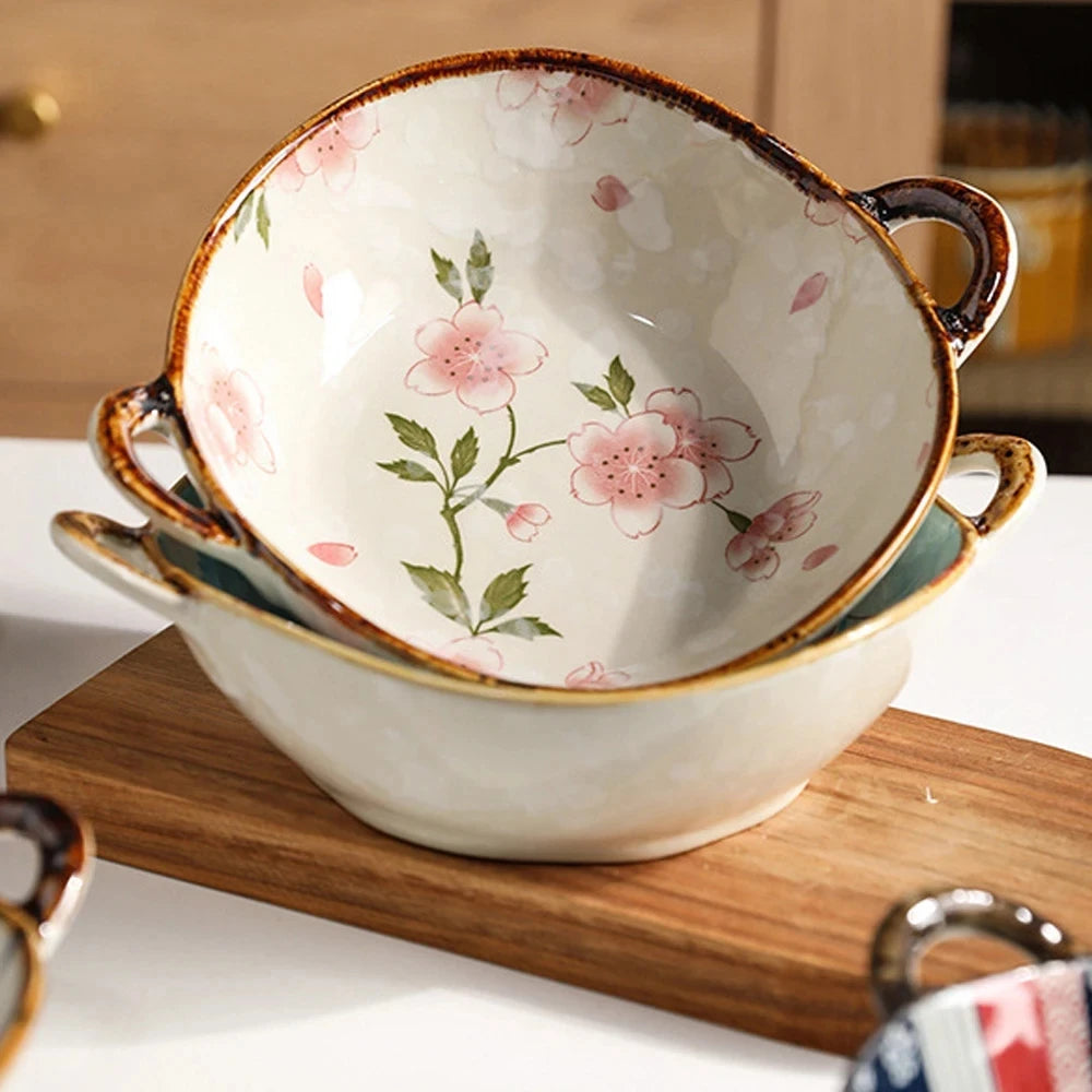 Japanese Household Noodle Bowl 7.5inch Ceramic Soup Bowl With Handle Salad Pasta Bowl Kitchen Tableware Microwave Oven Bakware