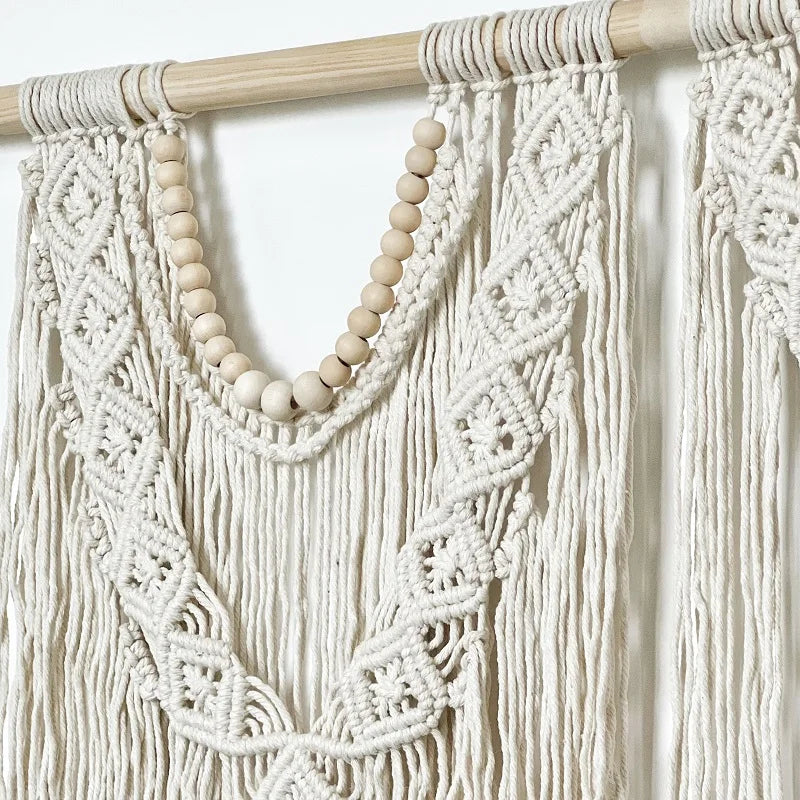 Macrame Handwoven Bohemian Cotton Rope Boho Tapestry Home Decor Creamy-White Wall Hanging Decoration Art Tapestry