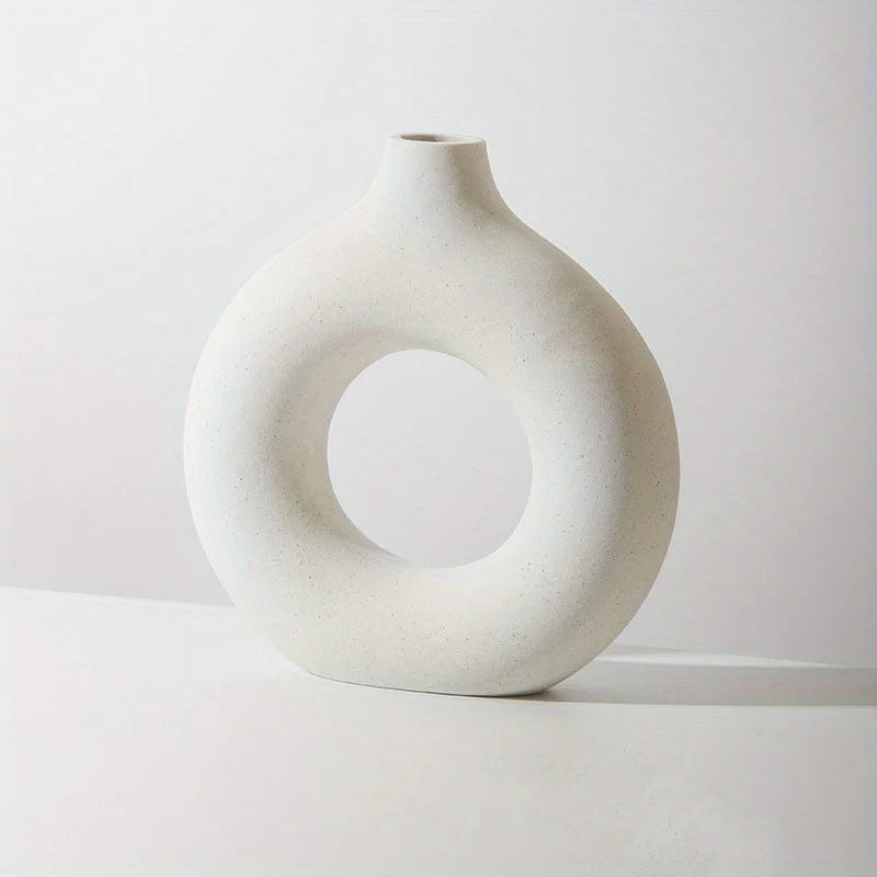 1pc, White/Beige Ceramic Vase  Vases For Decor, Modern Home Decor Vase, Boho Vases For Decor, Circle Vase, Round Vase, Donut Vas