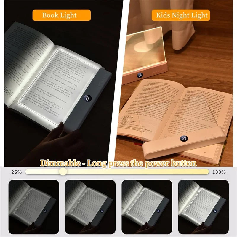 Book Light, Rechargeable Clear LED Flat Reading Light, Dimmable Panel Plate Lamp Book Full Page Light for Reading at Night
