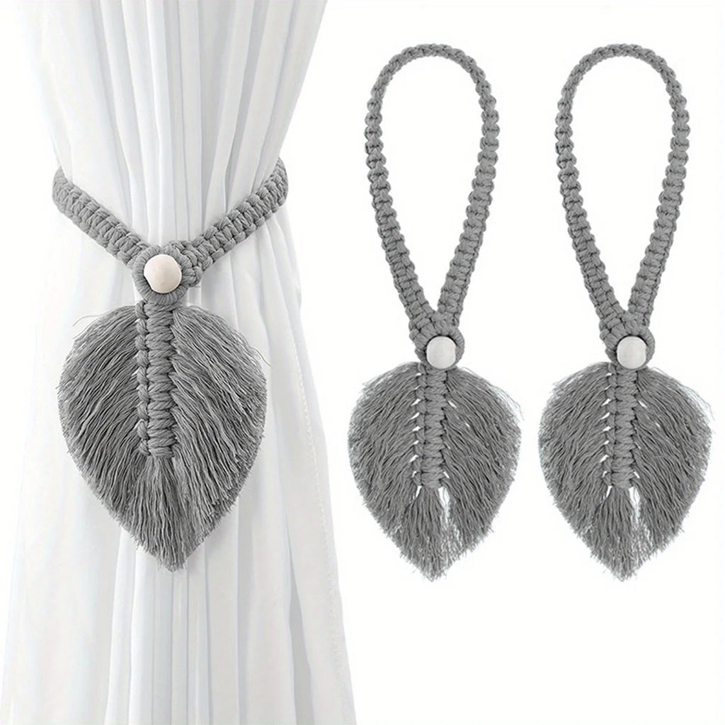 2pcs Stylish Woven Hemp Rope Leaf Design Curtain Tiebacks