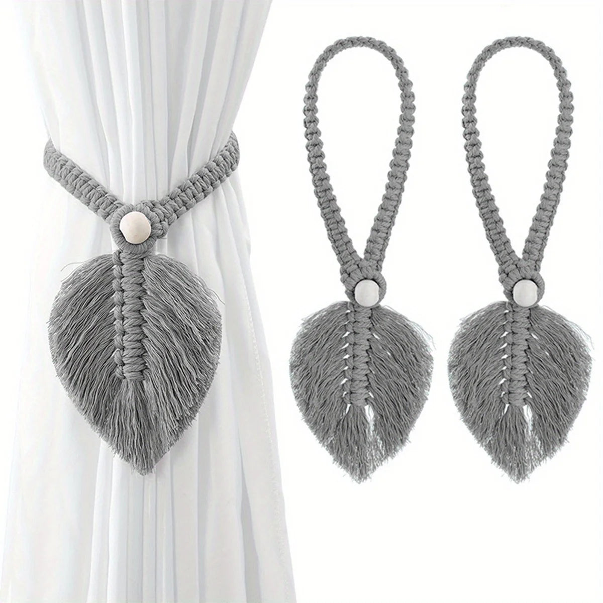 2pcs Stylish Woven Hemp Rope Leaf Design Curtain Tiebacks