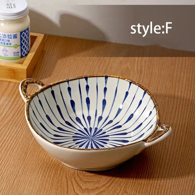 Japanese Household Noodle Bowl 7.5inch Ceramic Soup Bowl With Handle Salad Pasta Bowl Kitchen Tableware Microwave Oven Bakware