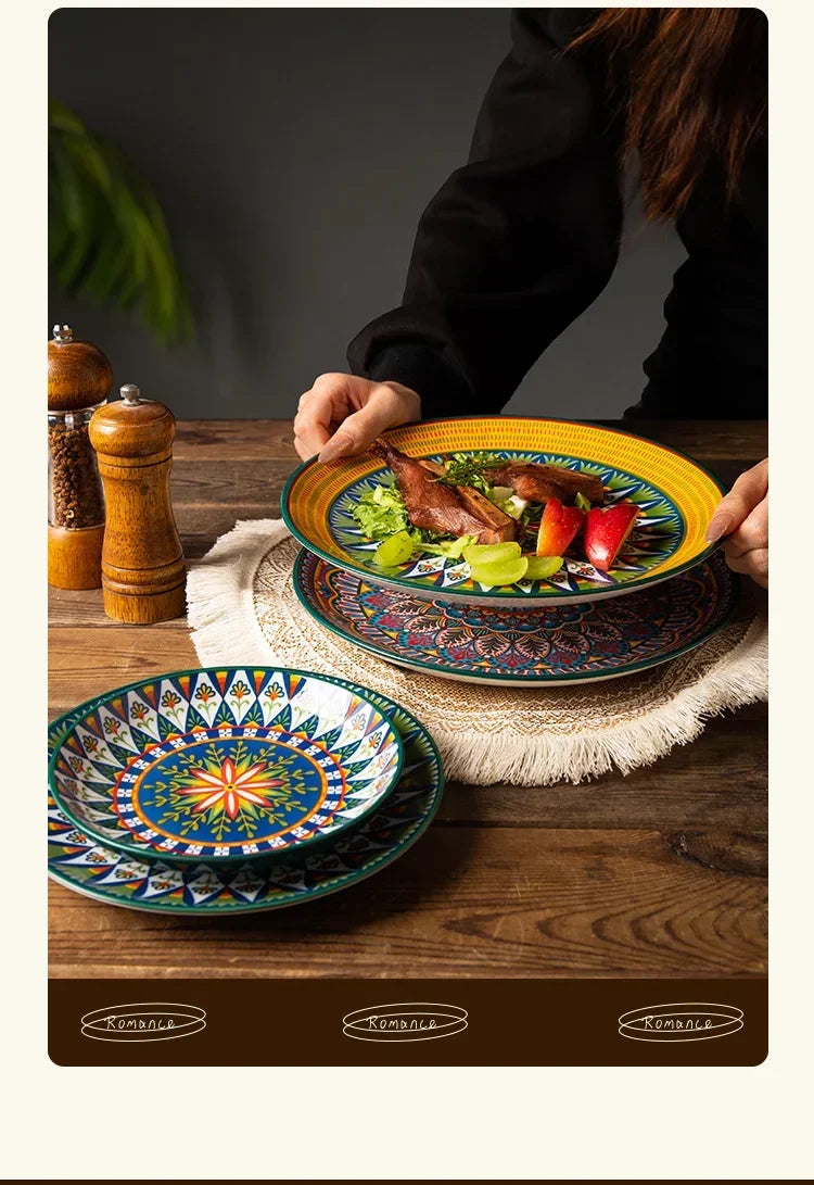 8IN Vintage Ceramic Plates Steak Plates Western Plates Flat  Dinner Plates And Shallow Plates Pasta Egg Vegetables Plate