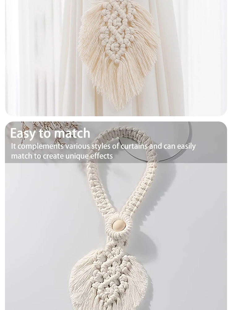 Handmade Braided Cotton Rope Curtain Fasteners Curtain Ties Tassel Leaf Curtain Ties Bohemian Style