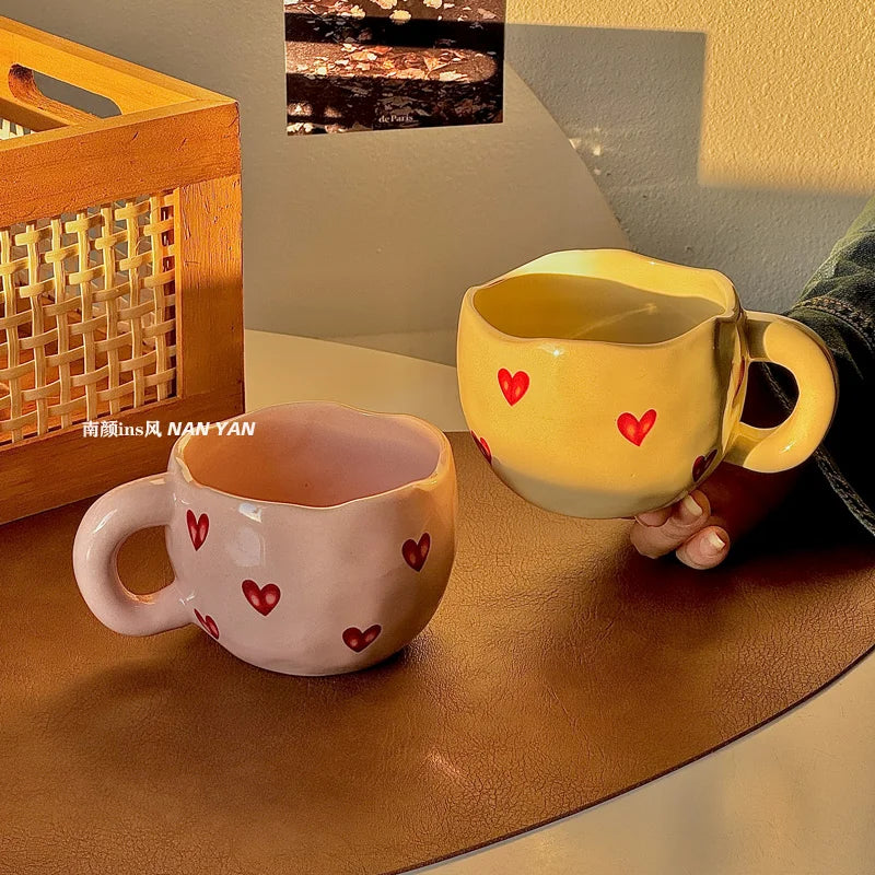 Heart Ceramic Cup New Household 300ml Women Cream Wind Exquisite Office Coffee Mugs Creative Aesthetic High Quality Handle Cup