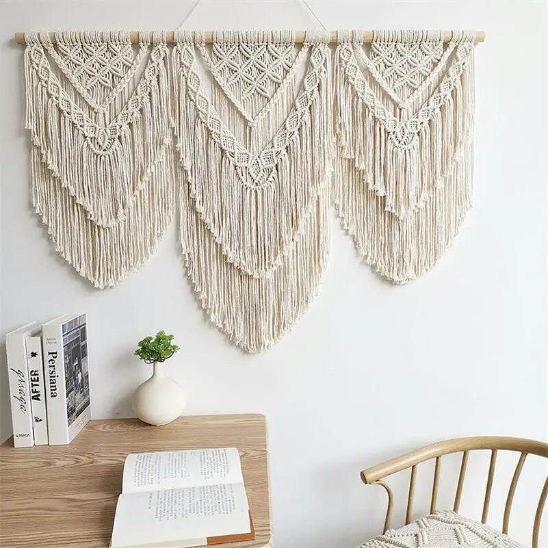 Handwoven Macrame Tassel Pendant Wall Hanging  Tapestry  with  Wooden Stick Hand-Woven Bohemia Tassel Curtain Tapest