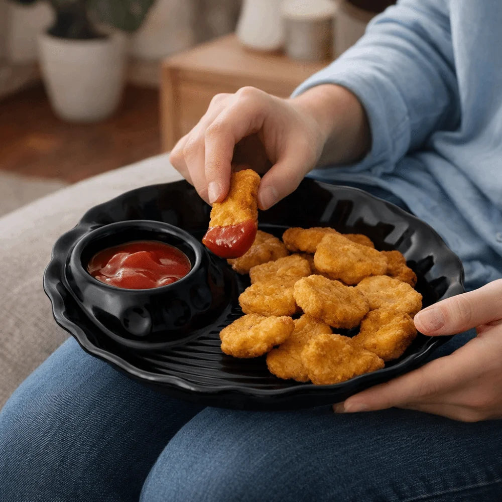 Tableware Round Ceramic Dumpling Dishes Thicken Divided Grids Serving Plates Ruched Hem French Fries Plate Kitchen