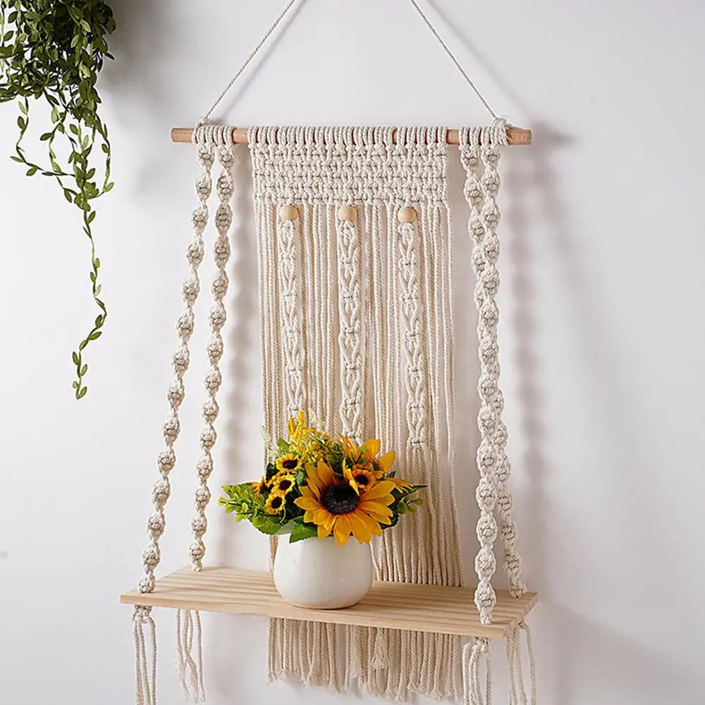 Macrame Wall Hanging Tapestry With Wooden Shelf Handwoven Bohemia Tassel Curtain Tapestry Wedding Backgrou Boho Decor