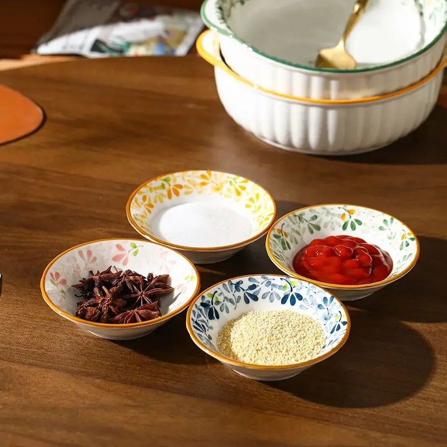 3.8 Inch 4/8 Pcs Floral Ceramic Seasoning Dishes, Microwave/Dishwasher Safe, Soy Sauce/Vinegar/Chili Powder/Salad Dressing Plate