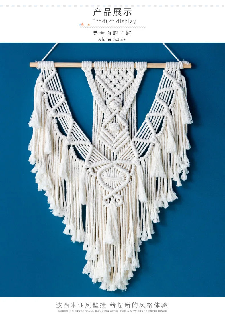 Bohemian Tapestry with Tassels, Handwoven Cotton Wall Hanging, Macrame Art Craft, Finished Boho Decor