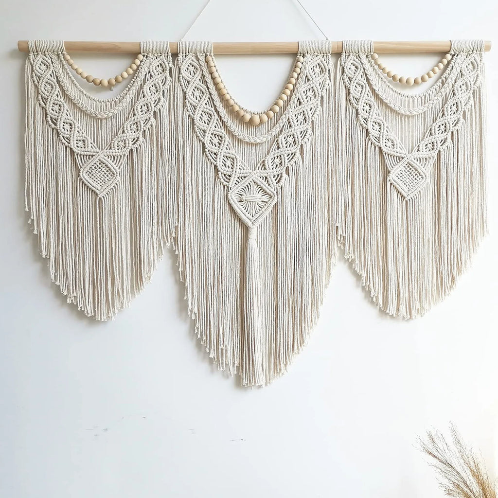 Macrame Handwoven Bohemian Cotton Rope Boho Tapestry Home Decor Creamy-White Wall Hanging Decoration Art Tapestry