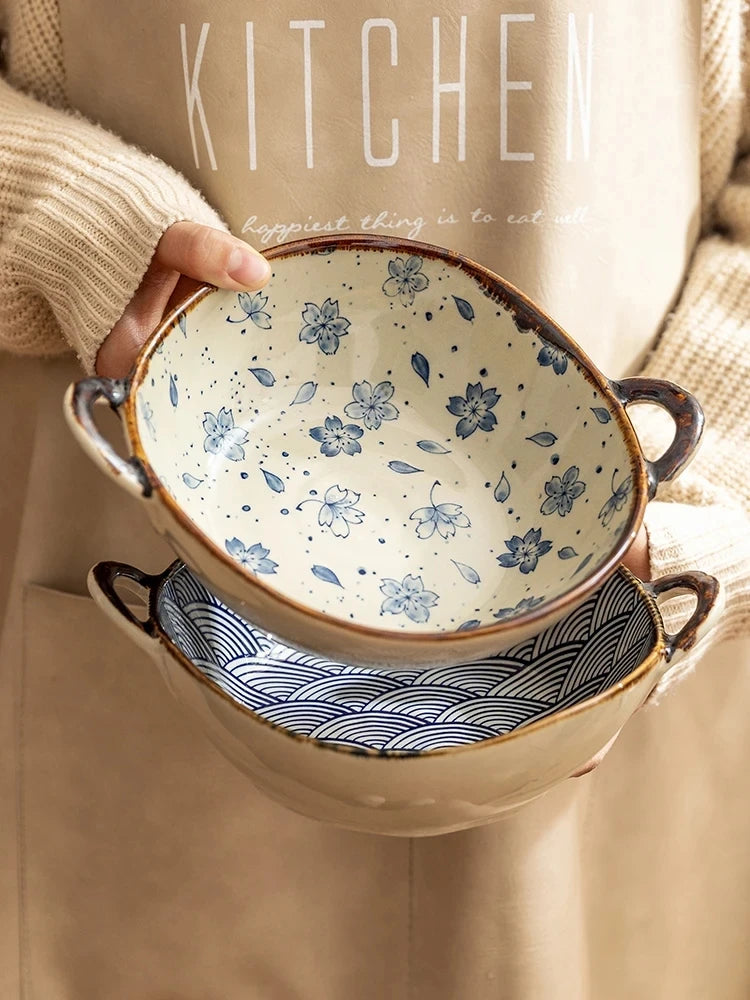 Japanese Household Noodle Bowl 7.5inch Ceramic Soup Bowl With Handle Salad Pasta Bowl Kitchen Tableware Microwave Oven Bakware