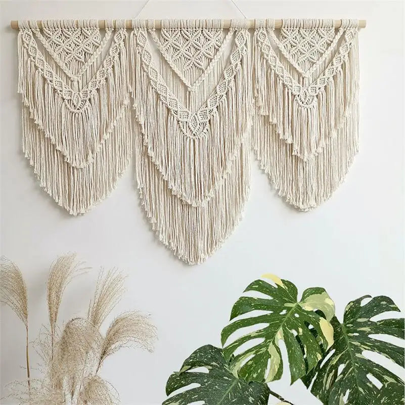 Handwoven Macrame Tassel Pendant Wall Hanging  Tapestry  with  Wooden Stick Hand-Woven Bohemia Tassel Curtain Tapest