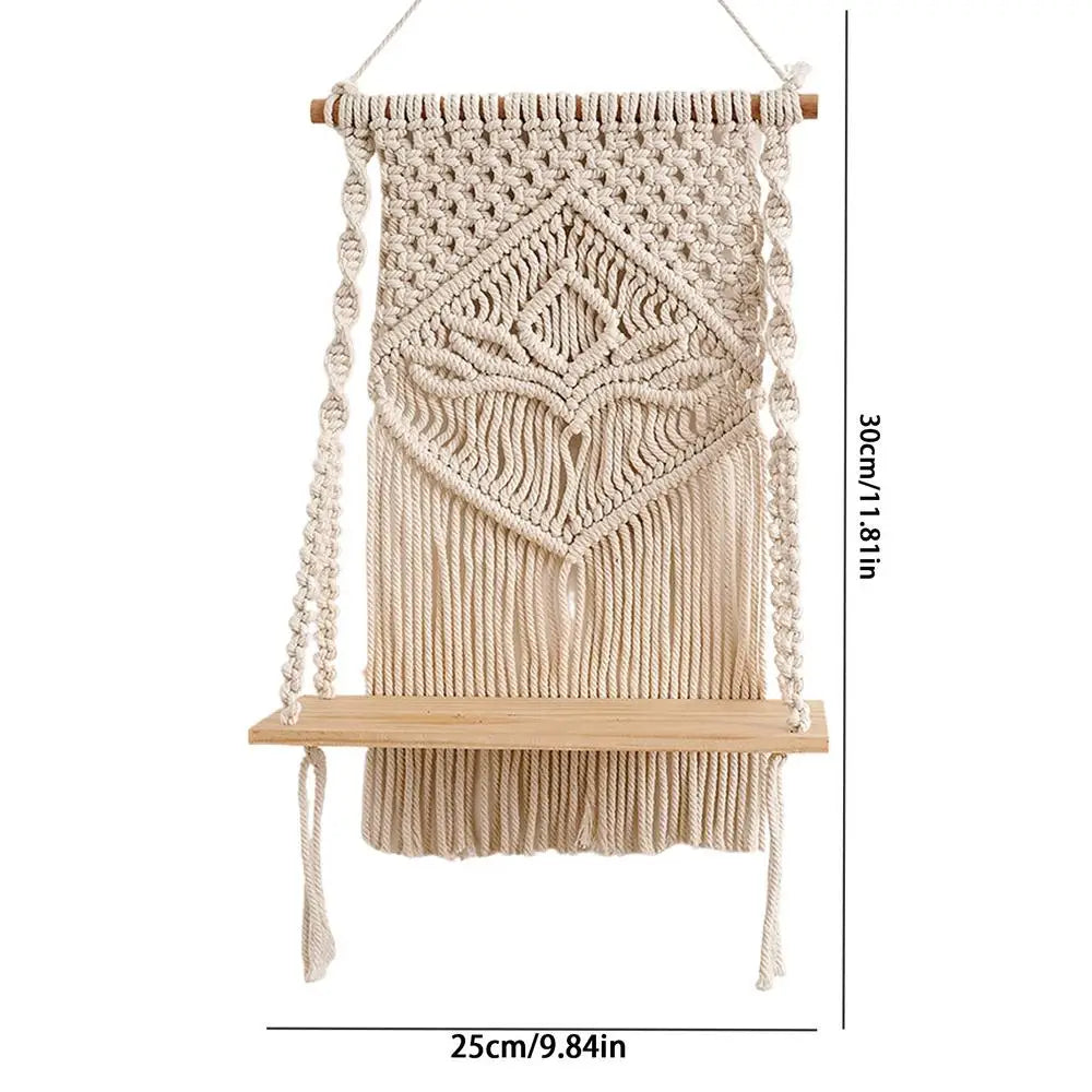 Macrame Wall Hanging Tapestry With Wooden Shelf Handwoven Bohemia Tassel Curtain Tapestry Wedding Backgrou Boho Decor