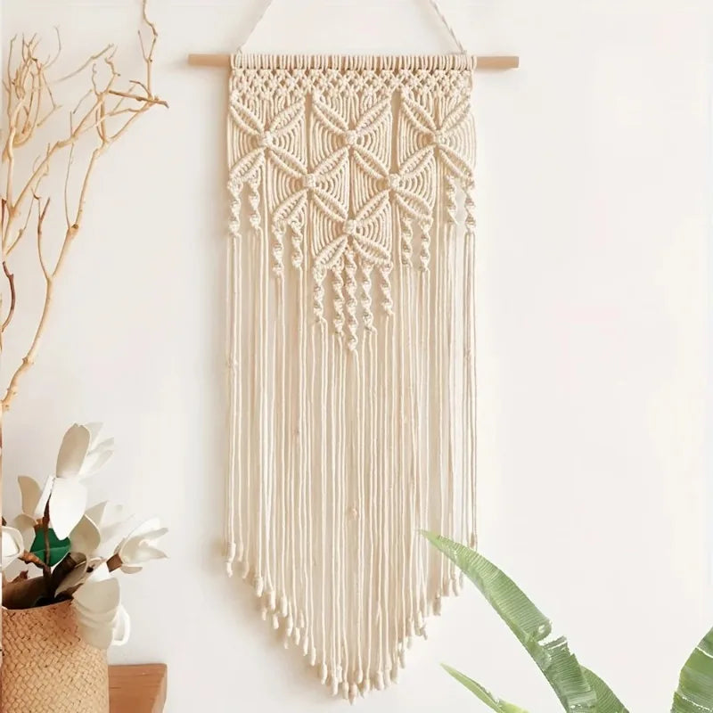 1pcs Polyester-Cotton Macrame Wall Hanging with Fringe Clover Diamond Grid Pattern for Home Decor Fashionable Room Decoration