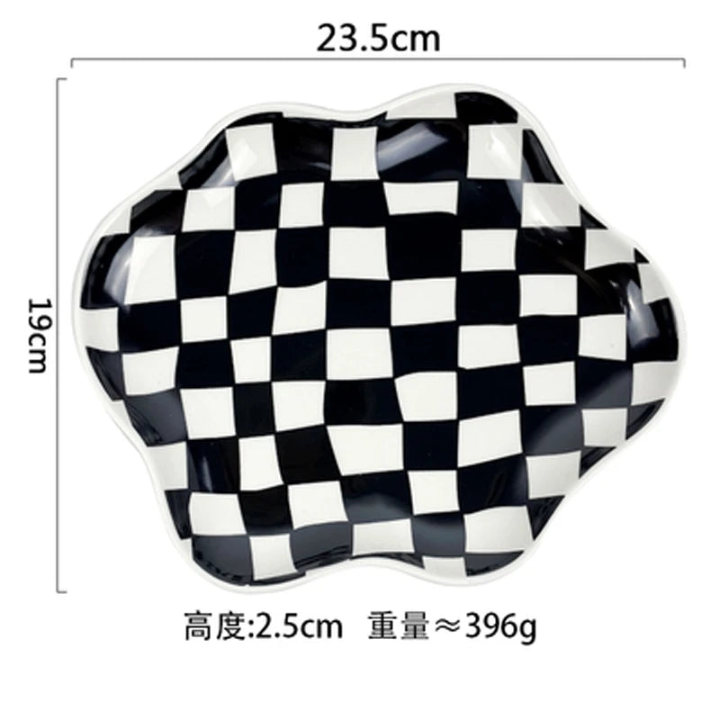 European Chessboard Ceramic Plate Black and White Checkered Irregular Tableware Dinner Plate Dinner Set Plates and Dishes