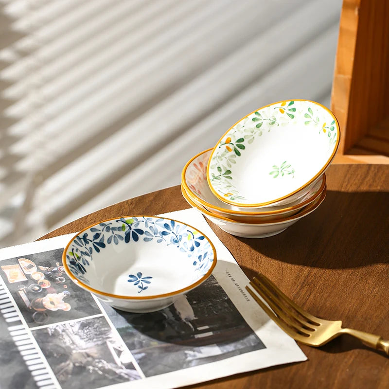 3.8 Inch 4/8 Pcs Floral Ceramic Seasoning Dishes, Microwave/Dishwasher Safe, Soy Sauce/Vinegar/Chili Powder/Salad Dressing Plate