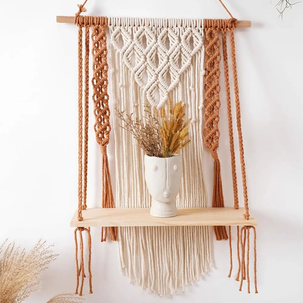 Macrame Wall Hanging Tapestry With Wooden Shelf Handwoven Bohemia Tassel Curtain Tapestry Wedding Backgrou Boho Decor