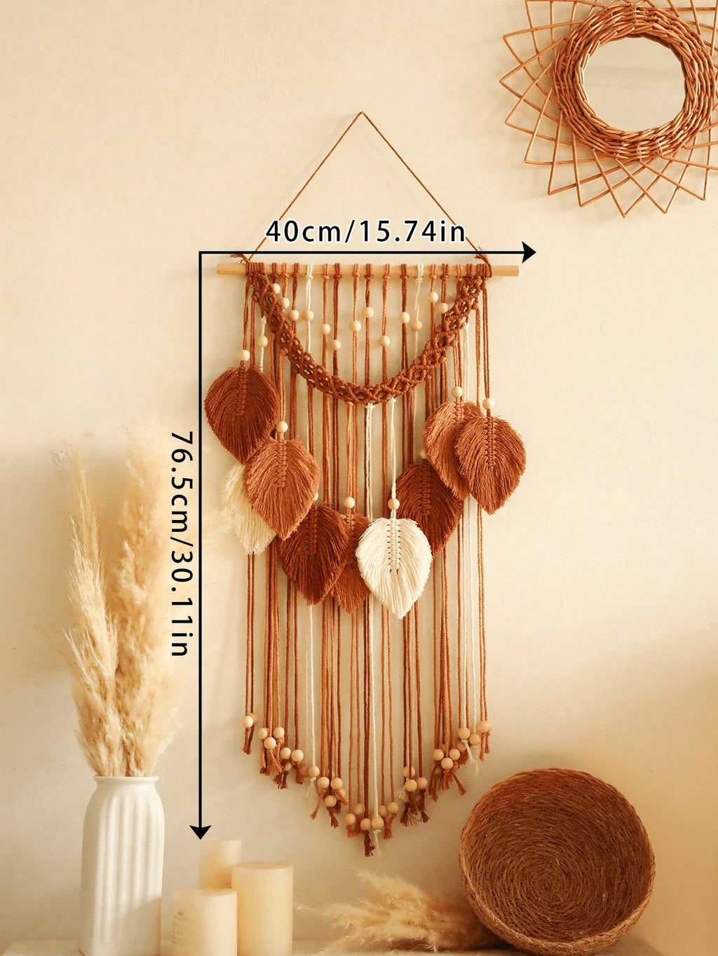 Trendy Boho Macrame Wall Hanging Organic Cotton Leaf Pattern Tapestry with Wood Beads Yoga Studio Decor Eco Friendly Home Accent