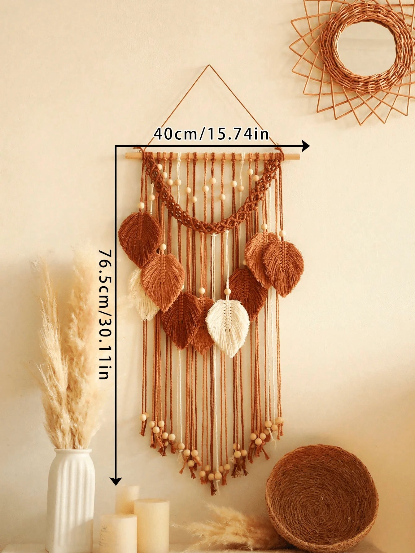 Trendy Boho Macrame Wall Hanging Organic Cotton Leaf Pattern Tapestry with Wood Beads Yoga Studio Decor Eco Friendly Home Accent