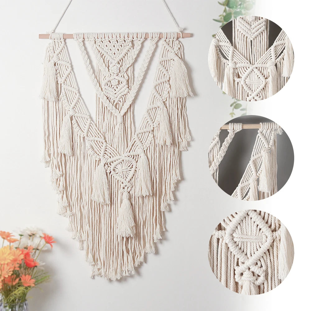 Macrame Handwoven Bohemian Cotton Rope Boho Tapestry Wall Hanging Handicrafts Creamy-White Modern Chic Decoration Art Tapestry