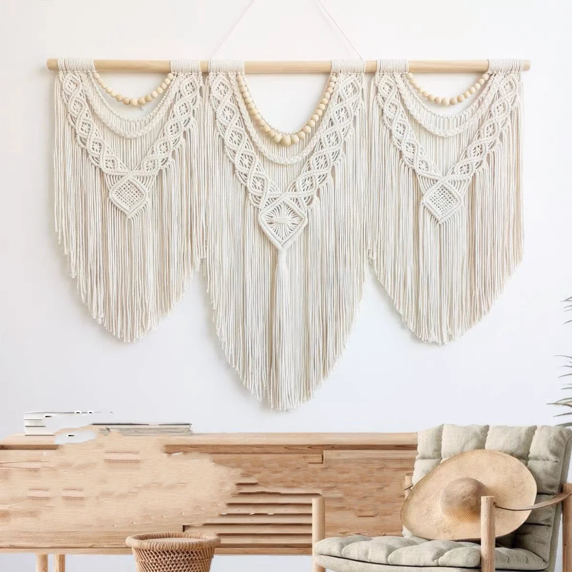 Macrame Handwoven Bohemian Cotton Rope Boho Tapestry Home Decor Creamy-White Wall Hanging Decoration Art Tapestry