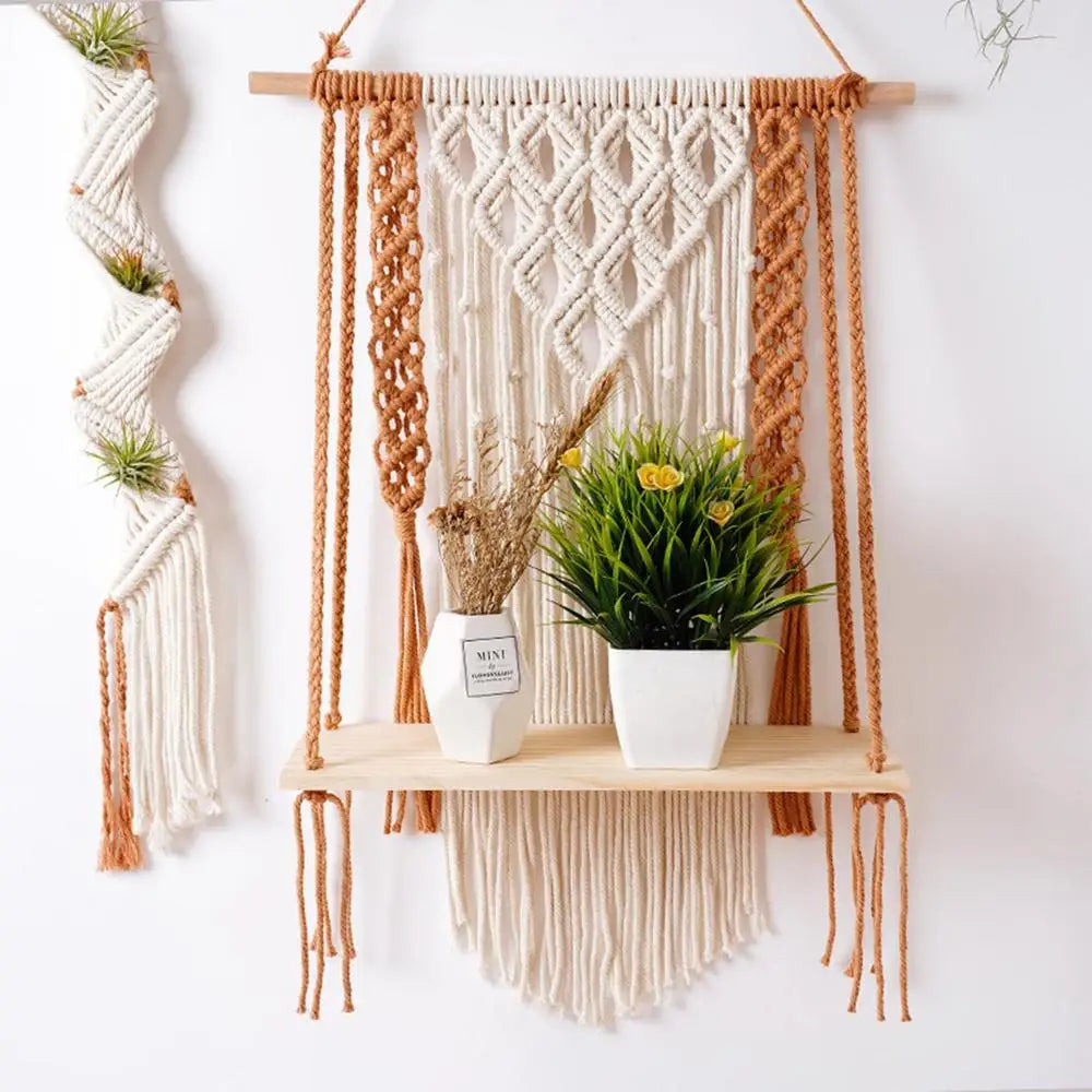 Macrame Wall Hanging Tapestry With Wooden Shelf Handwoven Bohemia Tassel Curtain Tapestry Wedding Backgrou Boho Decor