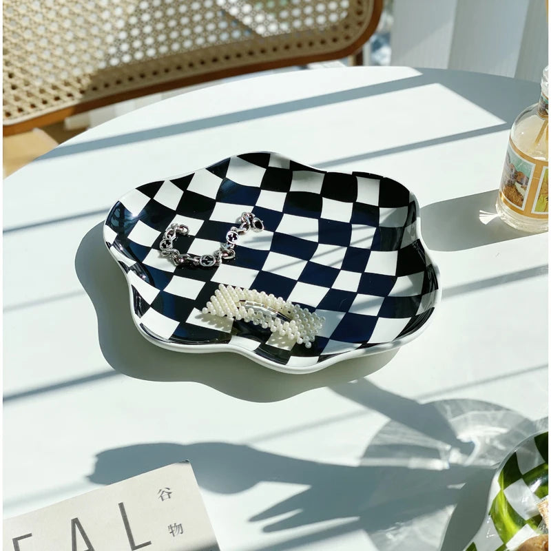 European Chessboard Ceramic Plate Black and White Checkered Irregular Tableware Dinner Plate Dinner Set Plates and Dishes