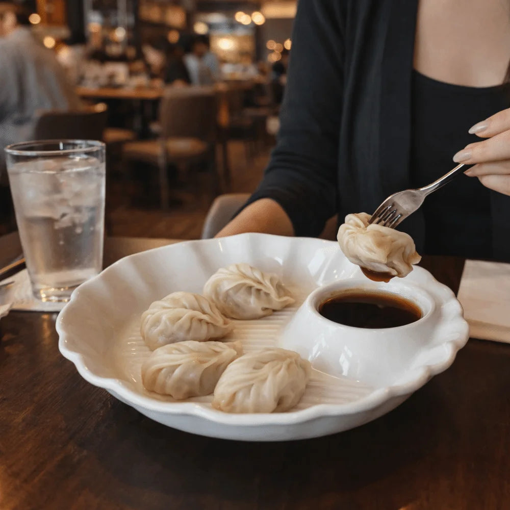 Tableware Round Ceramic Dumpling Dishes Thicken Divided Grids Serving Plates Ruched Hem French Fries Plate Kitchen