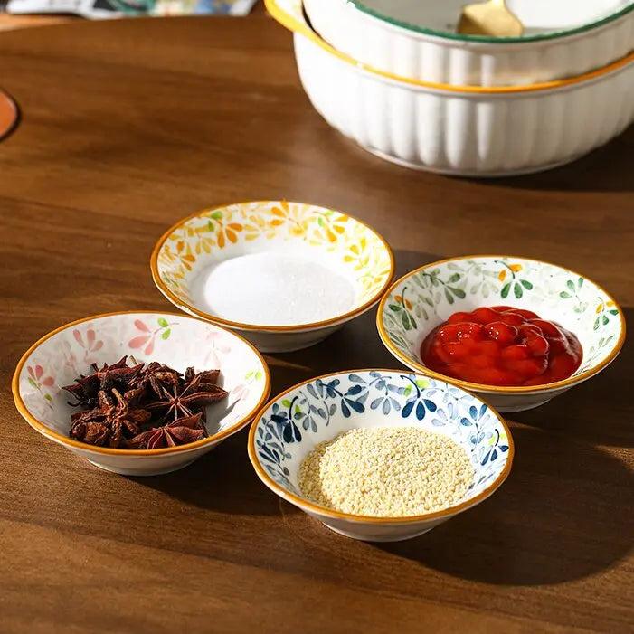 3.8 Inch 4/8 Pcs Floral Ceramic Seasoning Dishes, Microwave/Dishwasher Safe, Soy Sauce/Vinegar/Chili Powder/Salad Dressing Plate