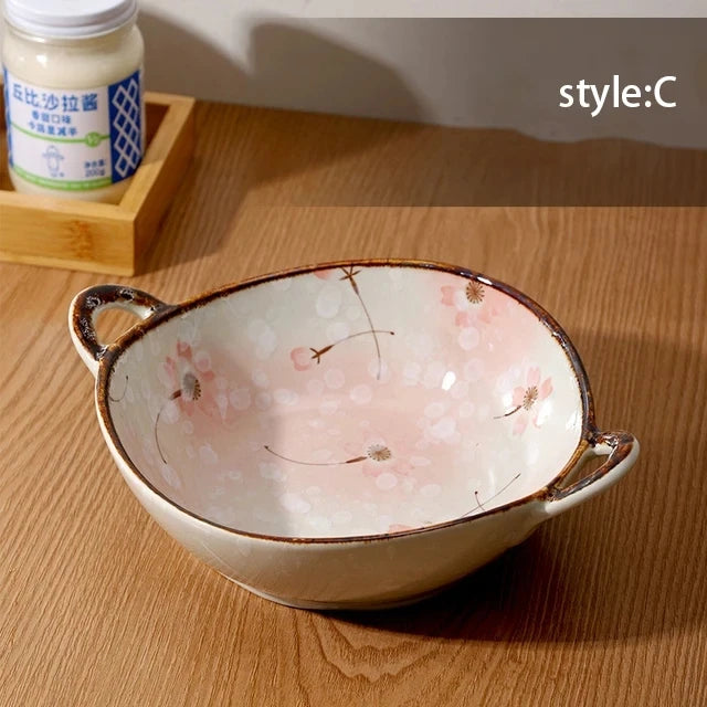 Japanese Household Noodle Bowl 7.5inch Ceramic Soup Bowl With Handle Salad Pasta Bowl Kitchen Tableware Microwave Oven Bakware