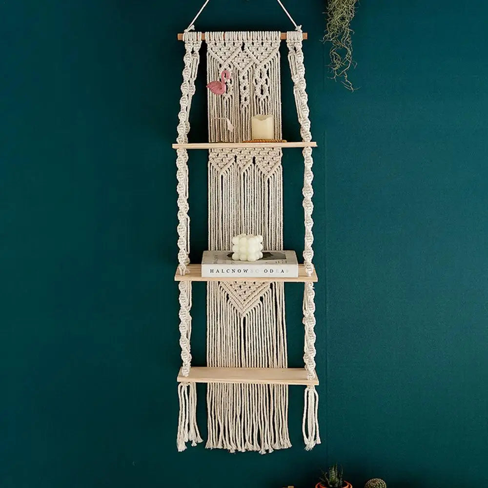 Macrame Wall Hanging Tapestry With Wooden Shelf Handwoven Bohemia Tassel Curtain Tapestry Wedding Backgrou Boho Decor