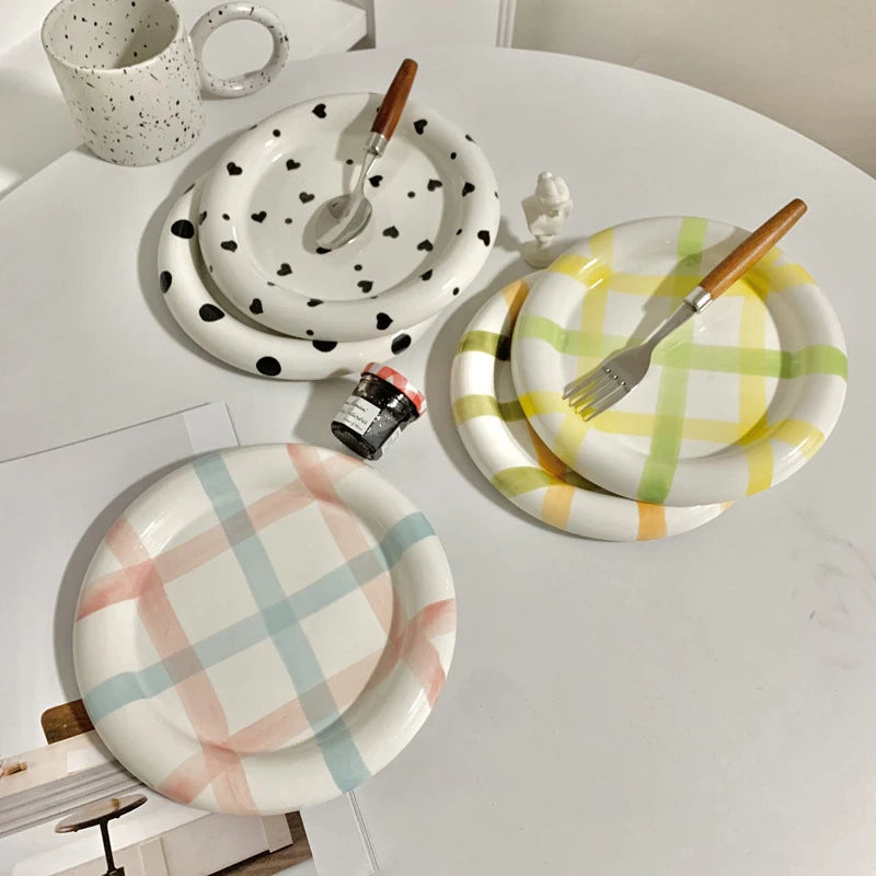 European-style White Ink Ceramic Plate Tableware Main Course Kitchenware Household Western-style Round Plate Decorative Plate