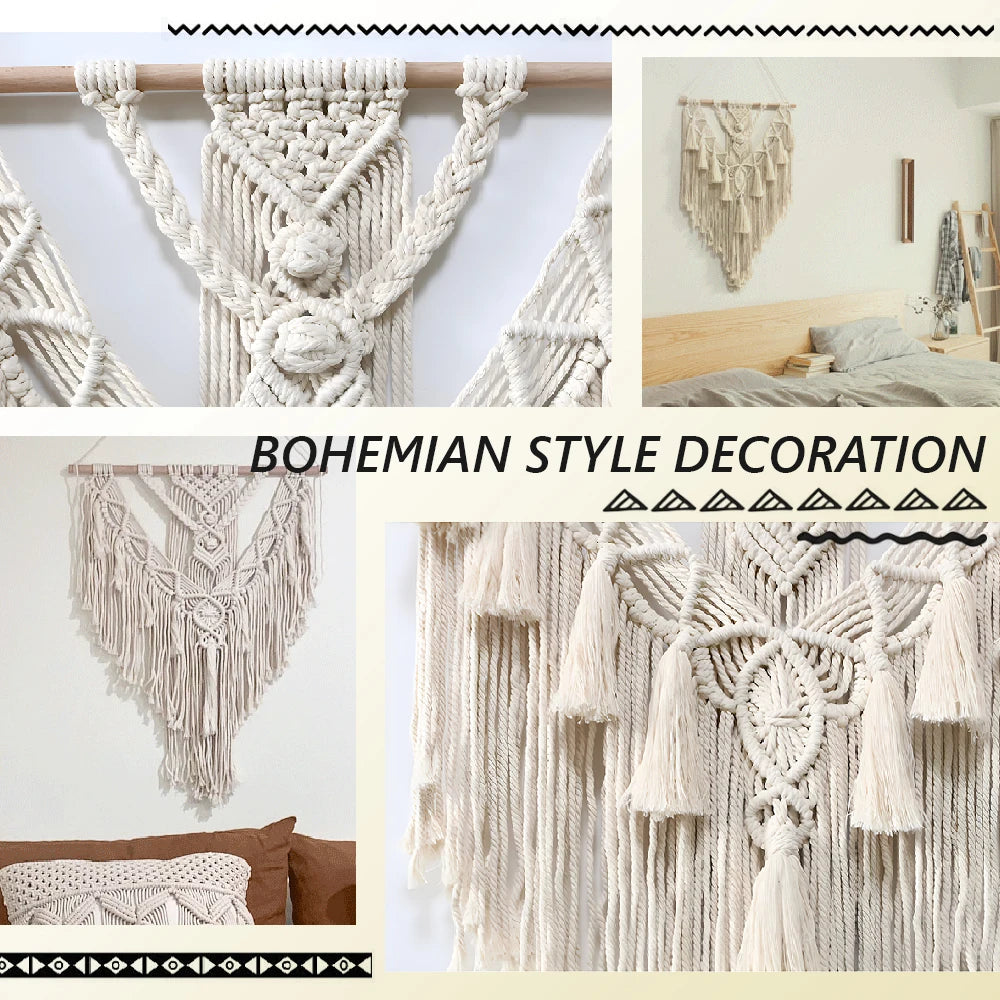 Macrame Handwoven Bohemian Cotton Rope Boho Tapestry Wall Hanging Handicrafts Creamy-White Modern Chic Decoration Art Tapestry