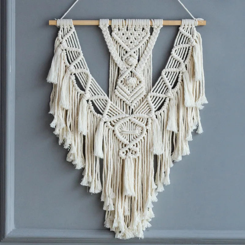 Bohemian Tapestry with Tassels, Handwoven Cotton Wall Hanging, Macrame Art Craft, Finished Boho Decor
